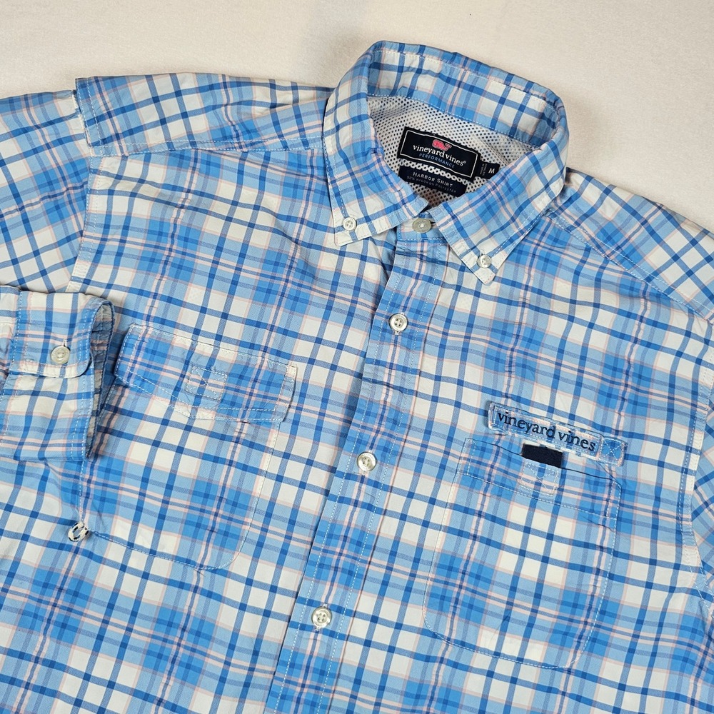Vineyard Vines Performance Harbor Shirt Mens Blue Plaid Fishing Button Down